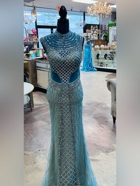 Beaded Teal Prom Gown with High Neck